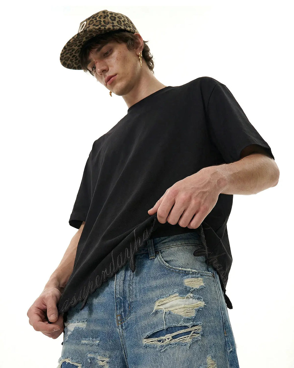 Embroidered Frayed Hem Oversized T-Shirt | Inflation Streetwear