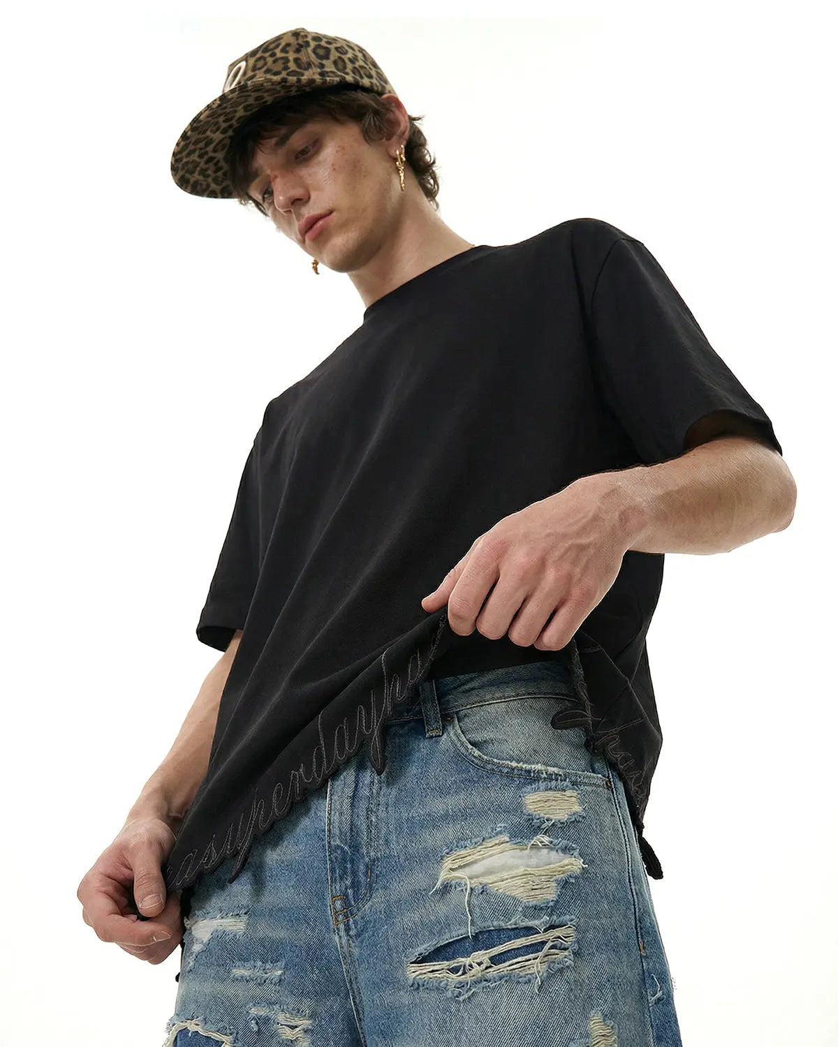 Embroidered Frayed Hem Oversized T-Shirt | Inflation Streetwear