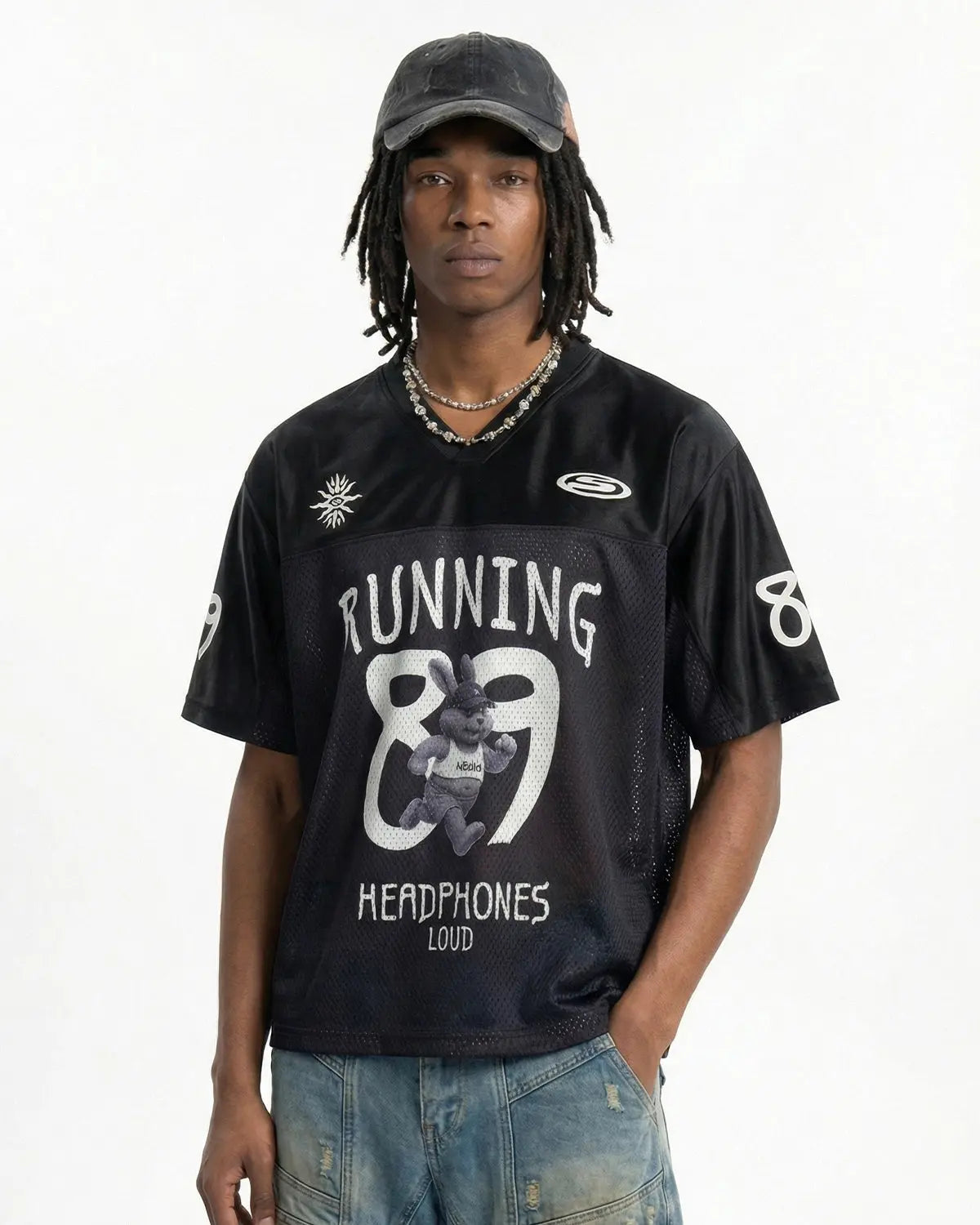 V-Neck Mesh Patchwork Jersey Tee | Inflation Streetwear