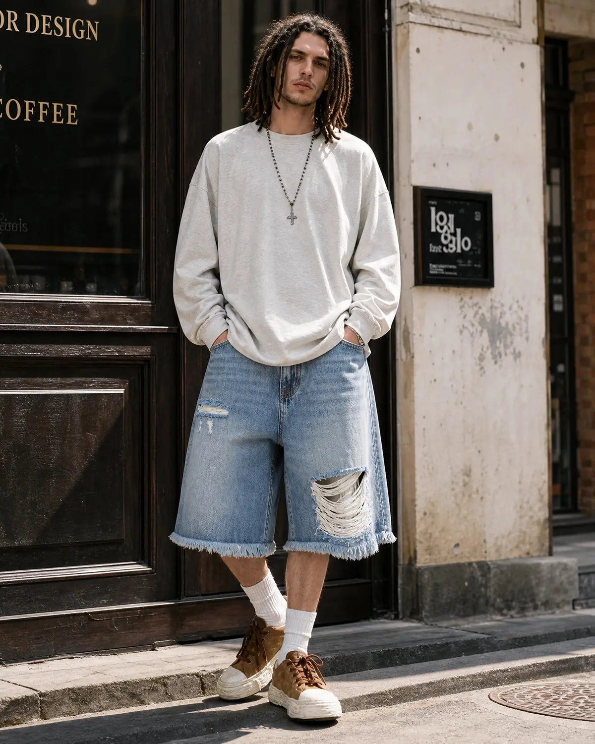 Distressed Baggy Jorts with Adjustable Waist Tabs | Inflation Streetwear