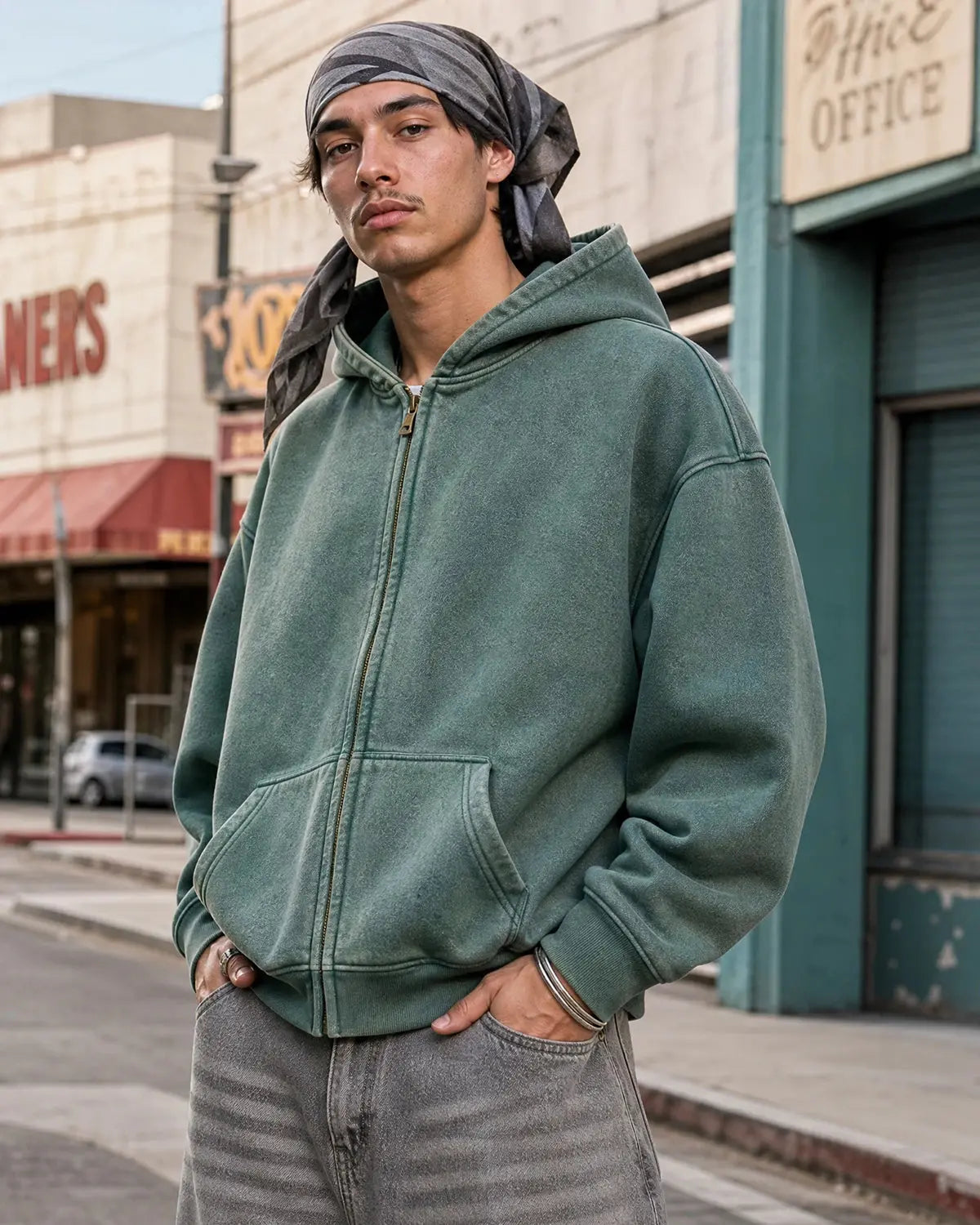 INFLATION Washed Distressed Fleece Zip Up Hoodies