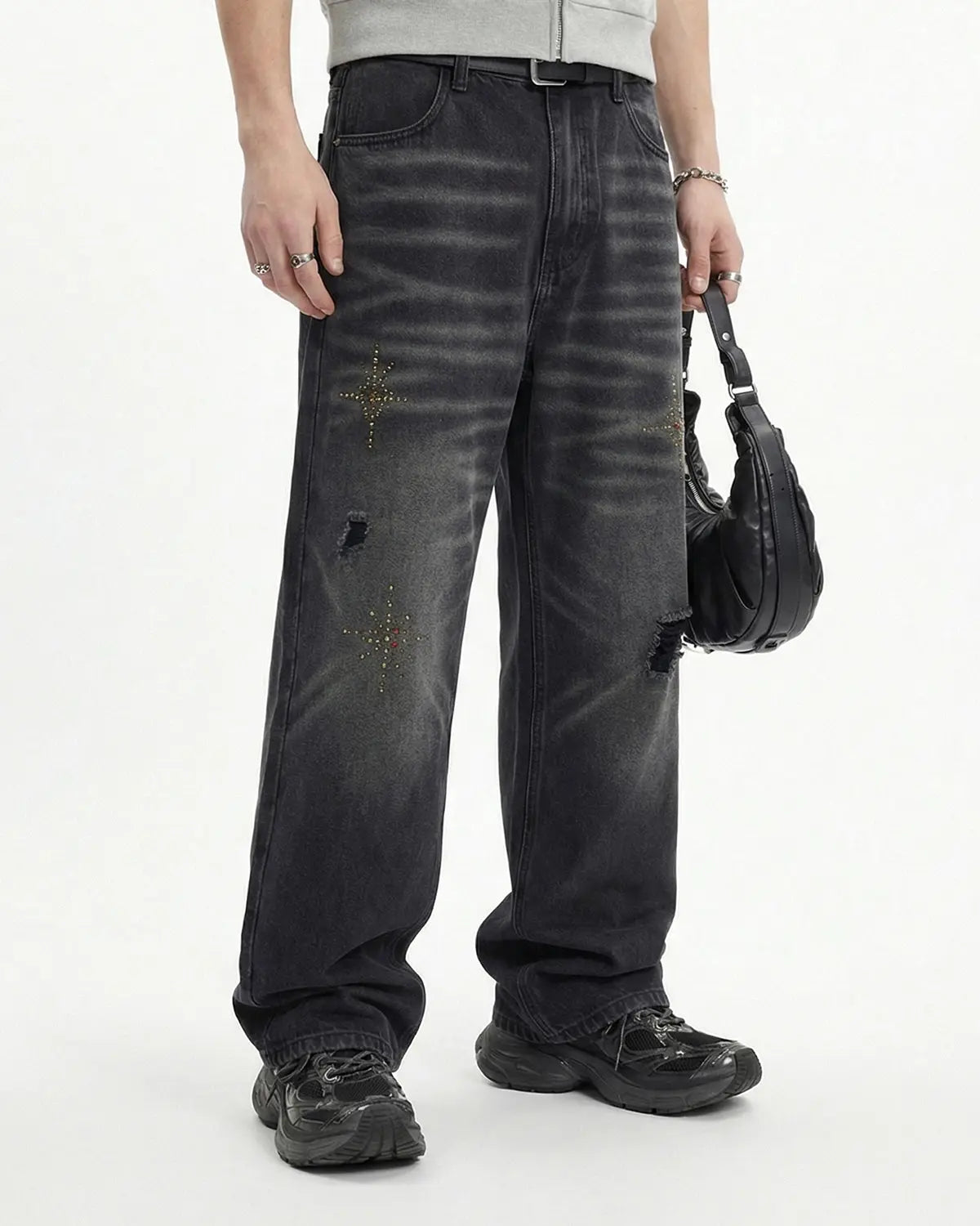 Distressed Rhinestone Ripped Baggy Jeans | Inflation Streetwear