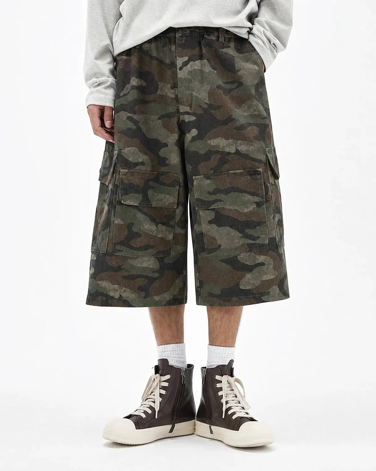 Grey Camo Utility Longline Shorts | Inflation Streetwear