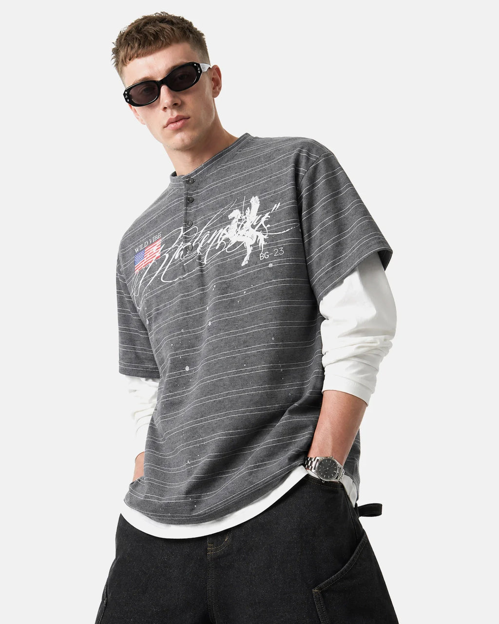 Layered Henley Stripe T-Shirt | Inflation Streetwear