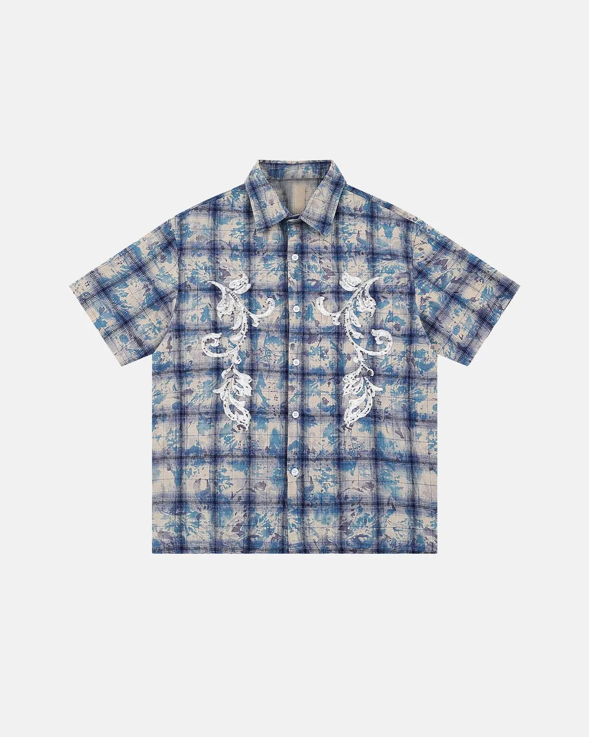 Tie-Dye Plaid Sequin Short-Sleeve Shirt | Inflation Streetwear
