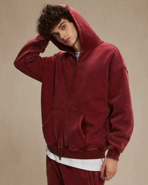 Acid Washed Distressed Fleece Zip Up Hoodies | Inflation Streetwear