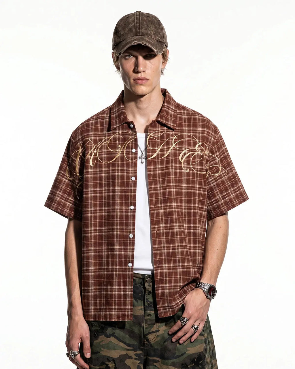 Lettering Embroidery Plaid Shirts | Inflation Streetwear