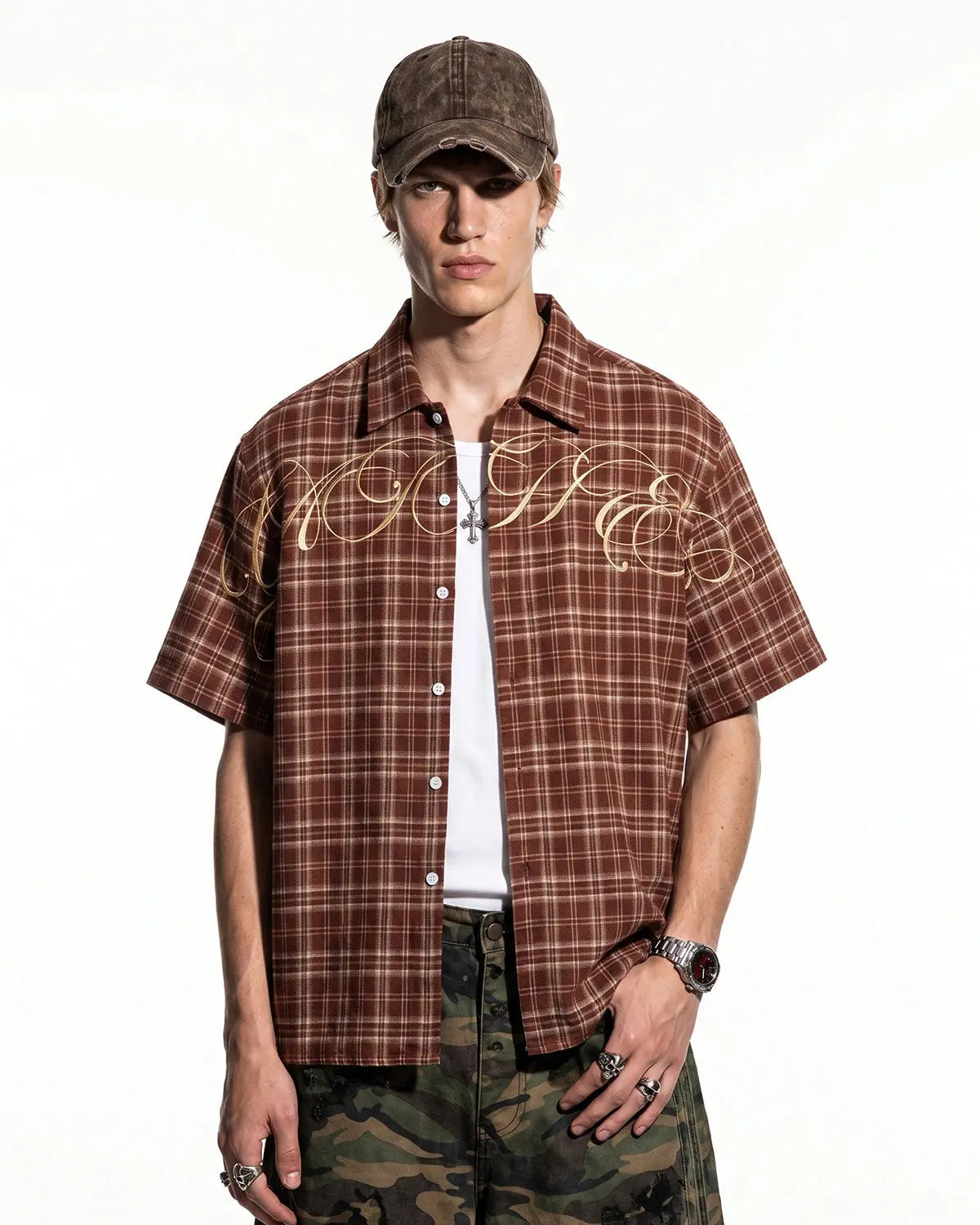 Lettering Embroidery Plaid Shirts | Inflation Streetwear