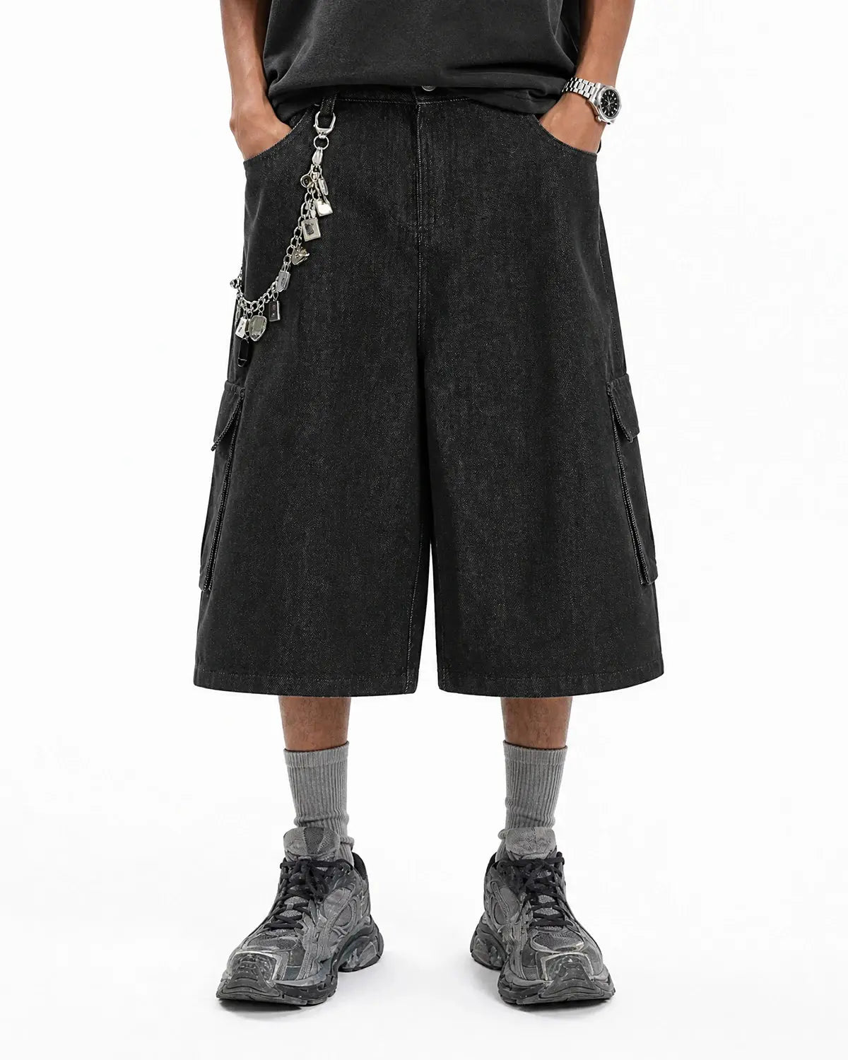 Black Cargo Longline Jorts | Inflation Streetwear
