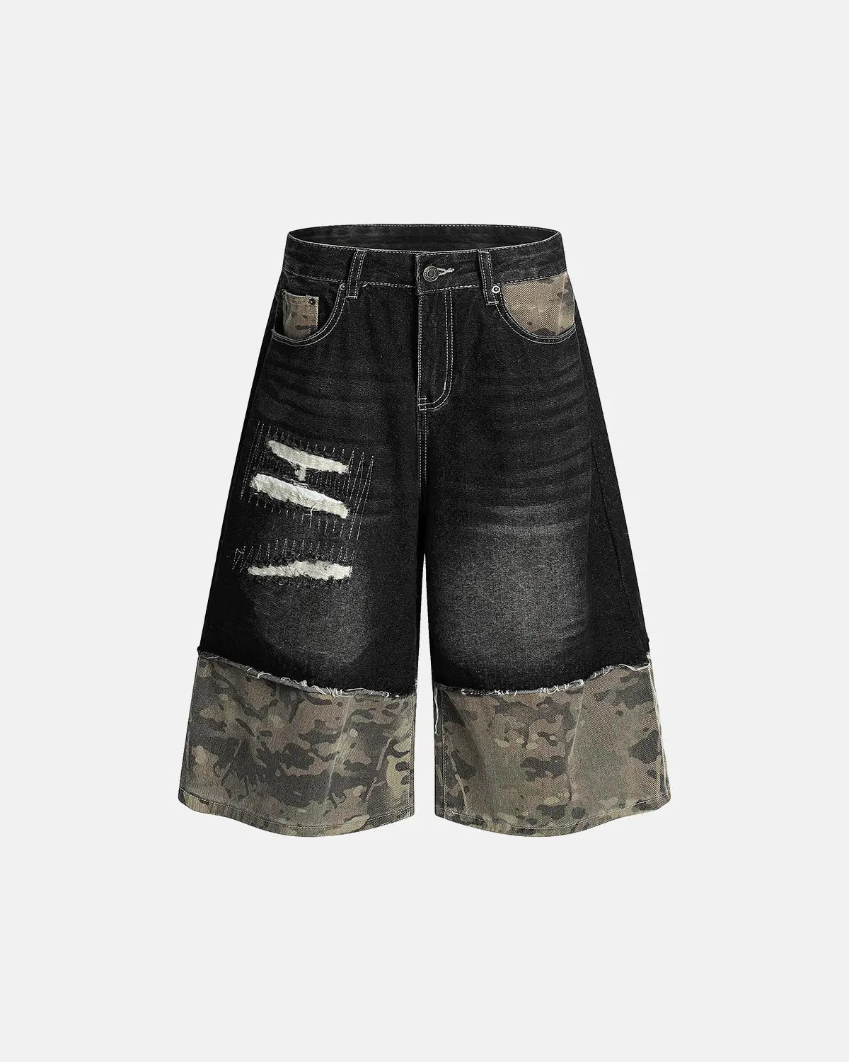 Camo Patchwork Washed Denim Jorts | Inflation Streetwear
