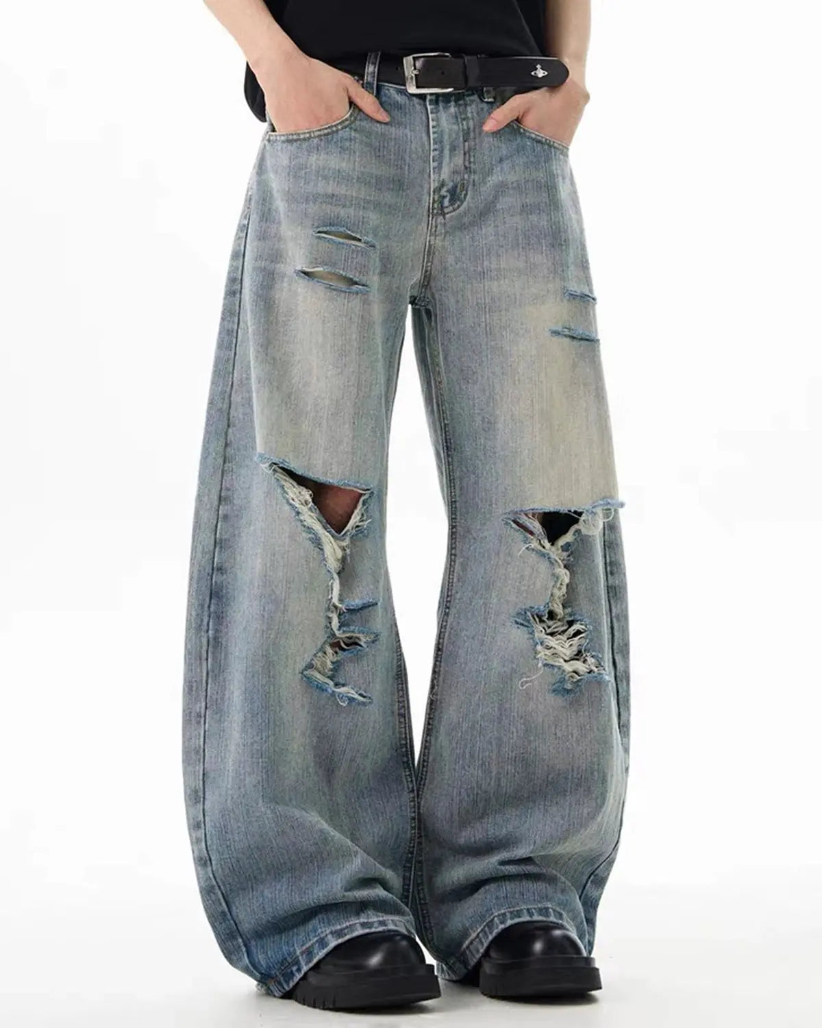 Bamboo Weave Distressed Baggy Jeans | Inflation Streetwear