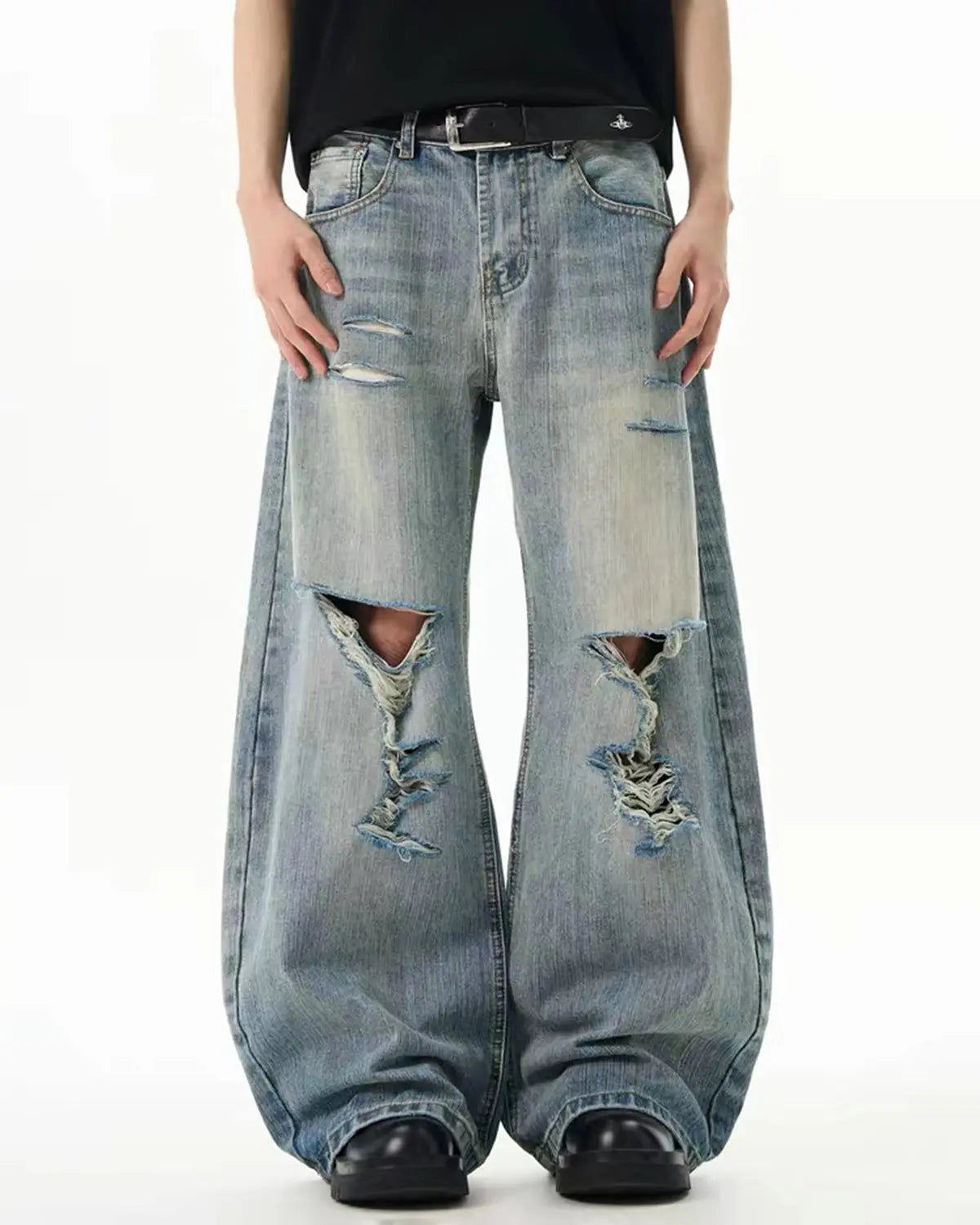 Bamboo Weave Distressed Baggy Jeans | Inflation Streetwear