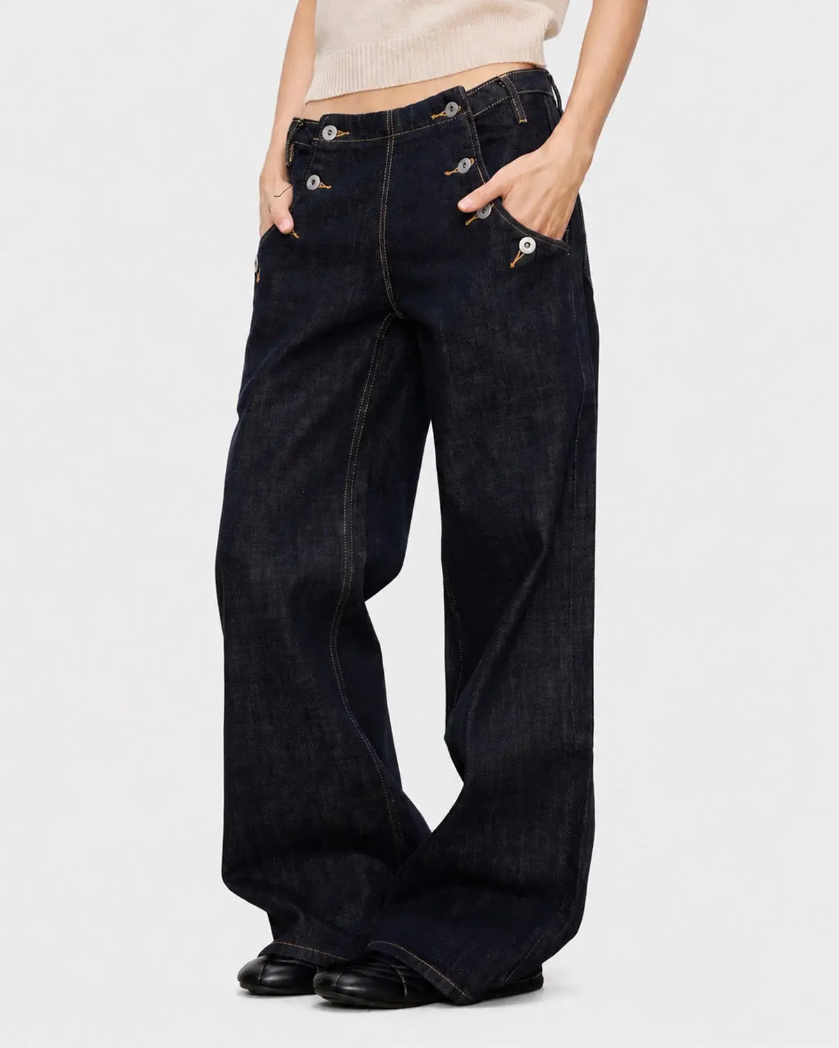 Button Detail Raw Wide-Leg Jeans | Inflation Streetwear