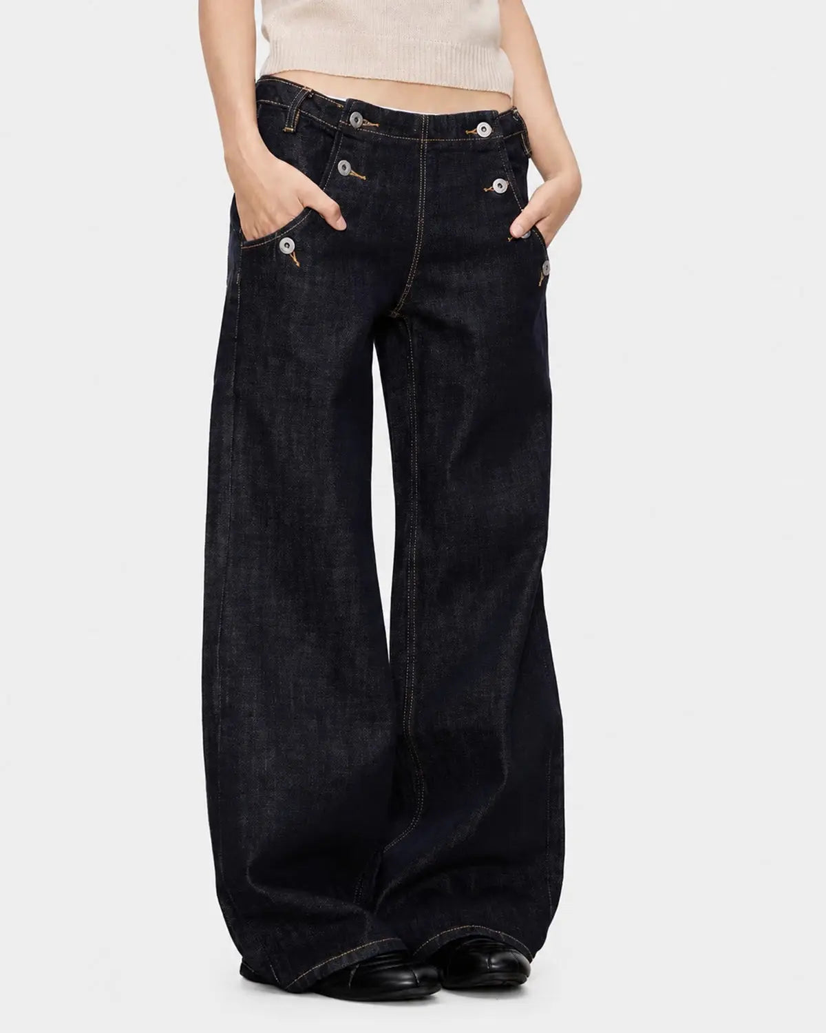 Button Detail Raw Wide-Leg Jeans | Inflation Streetwear