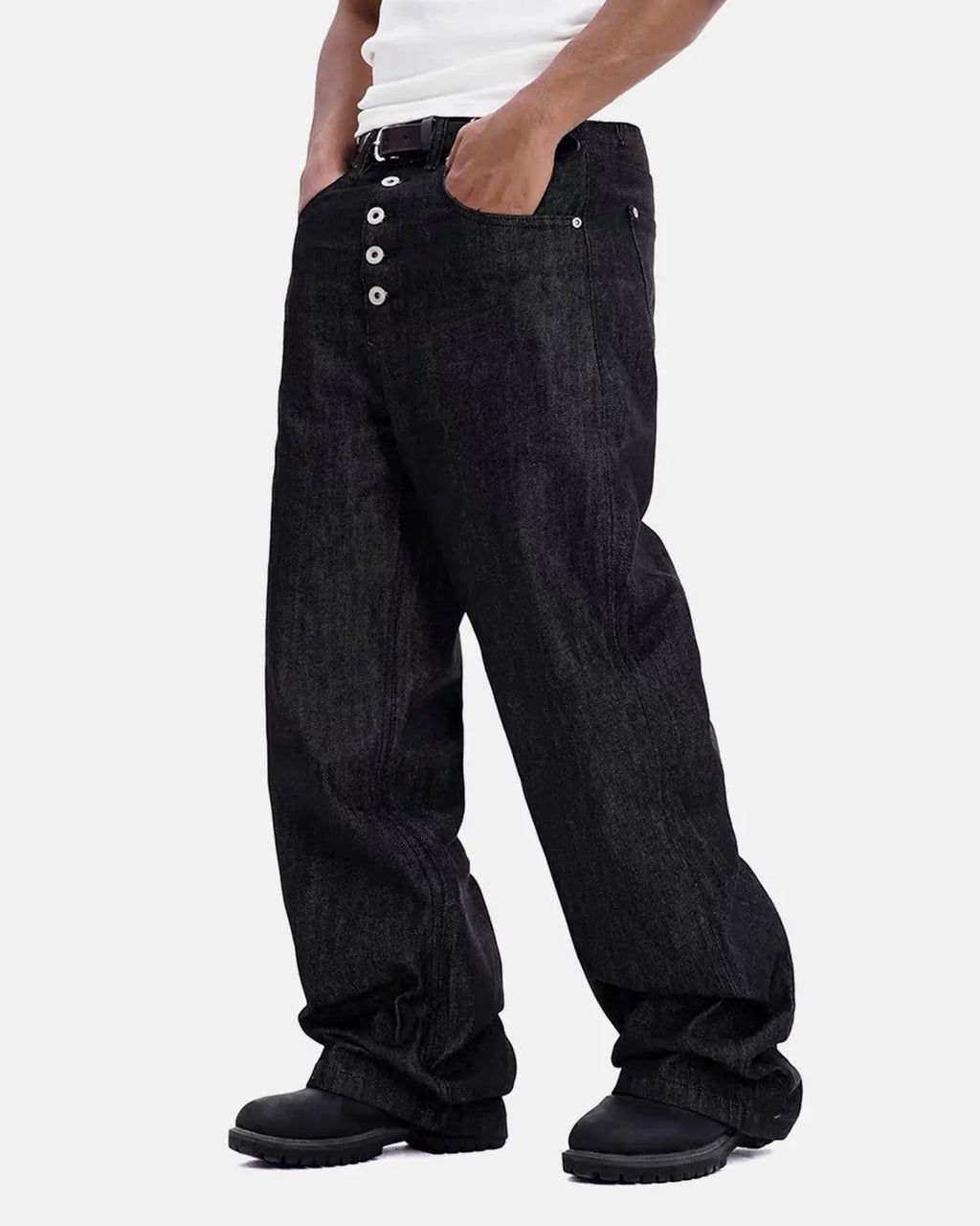 Button Detail Raw Baggy Jeans | Inflation Streetwear