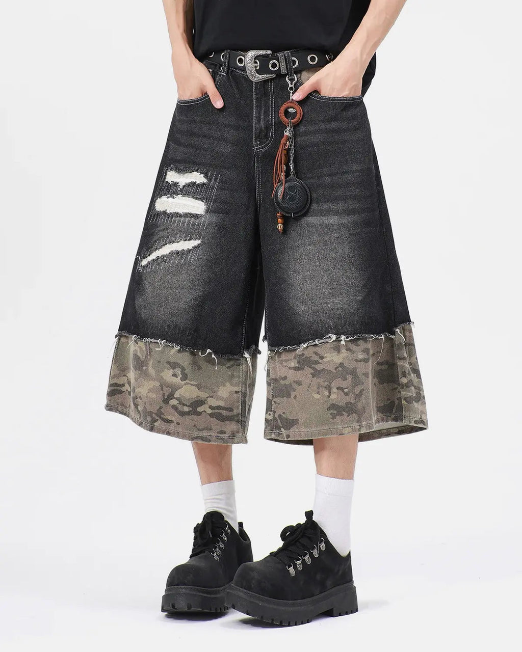 Camo Patchwork Washed Denim Jorts | Inflation Streetwear