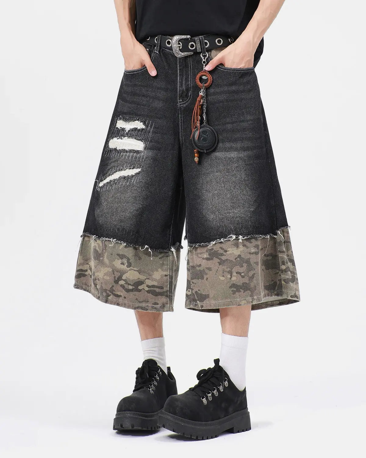Camo Patchwork Washed Denim Jorts | Inflation Streetwear