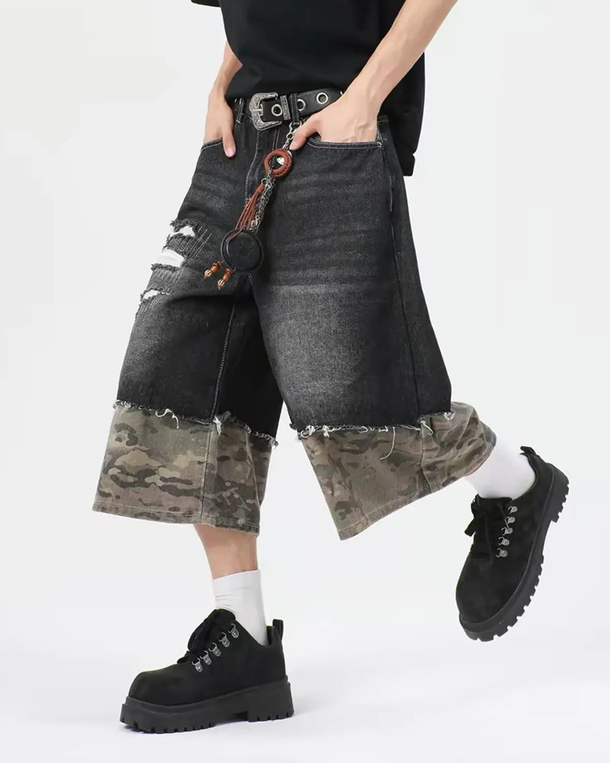 Camo Patchwork Washed Denim Jorts | Inflation Streetwear