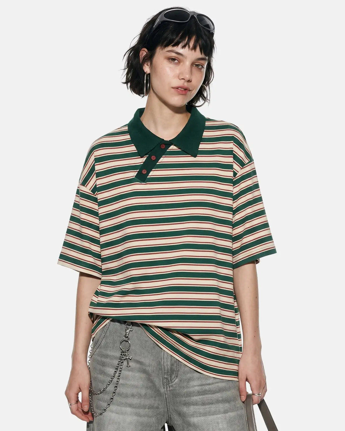 Asymmetric Polo Collar Striped T-Shirt | Inflation Streetwear