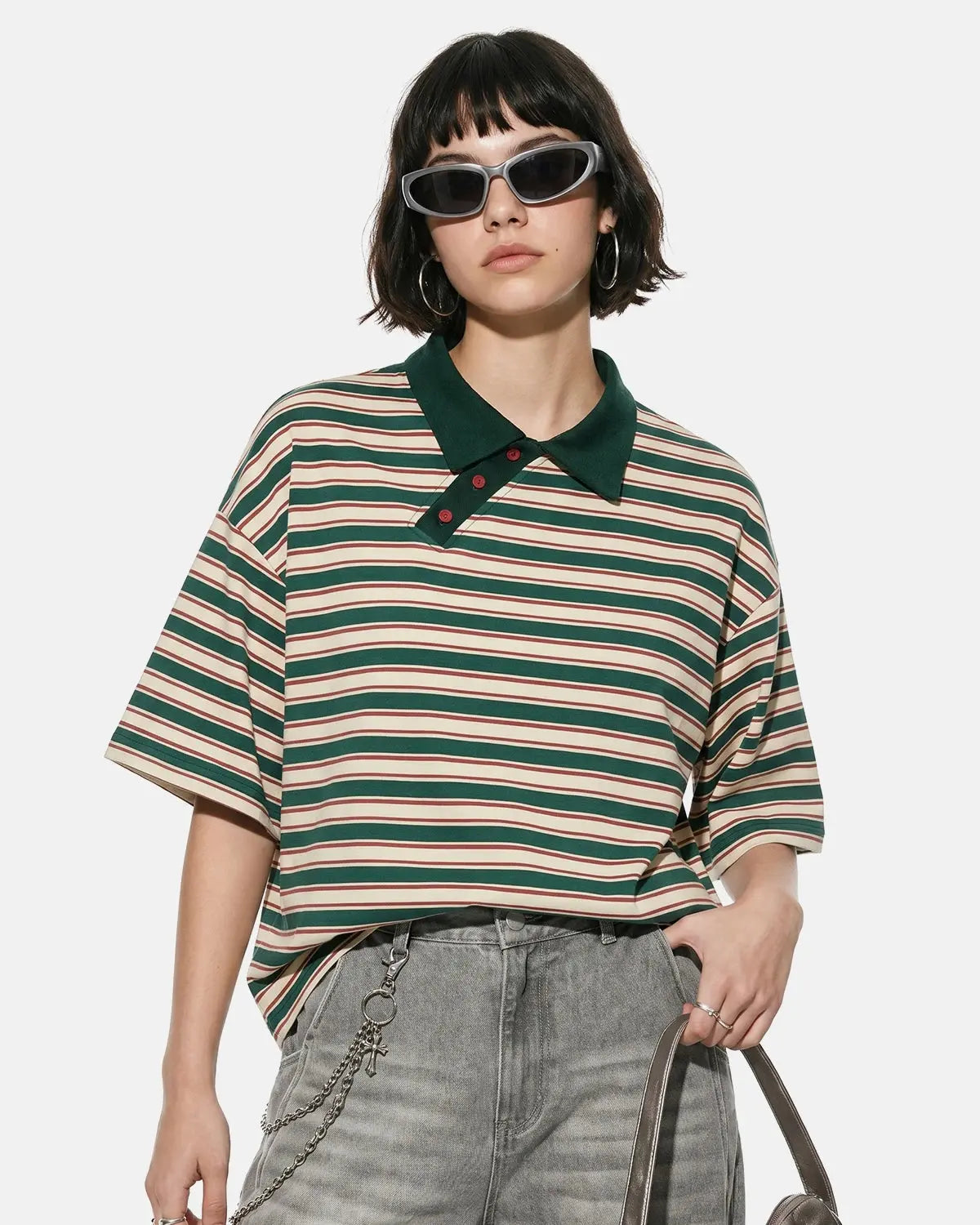 Asymmetric Polo Collar Striped T-Shirt | Inflation Streetwear