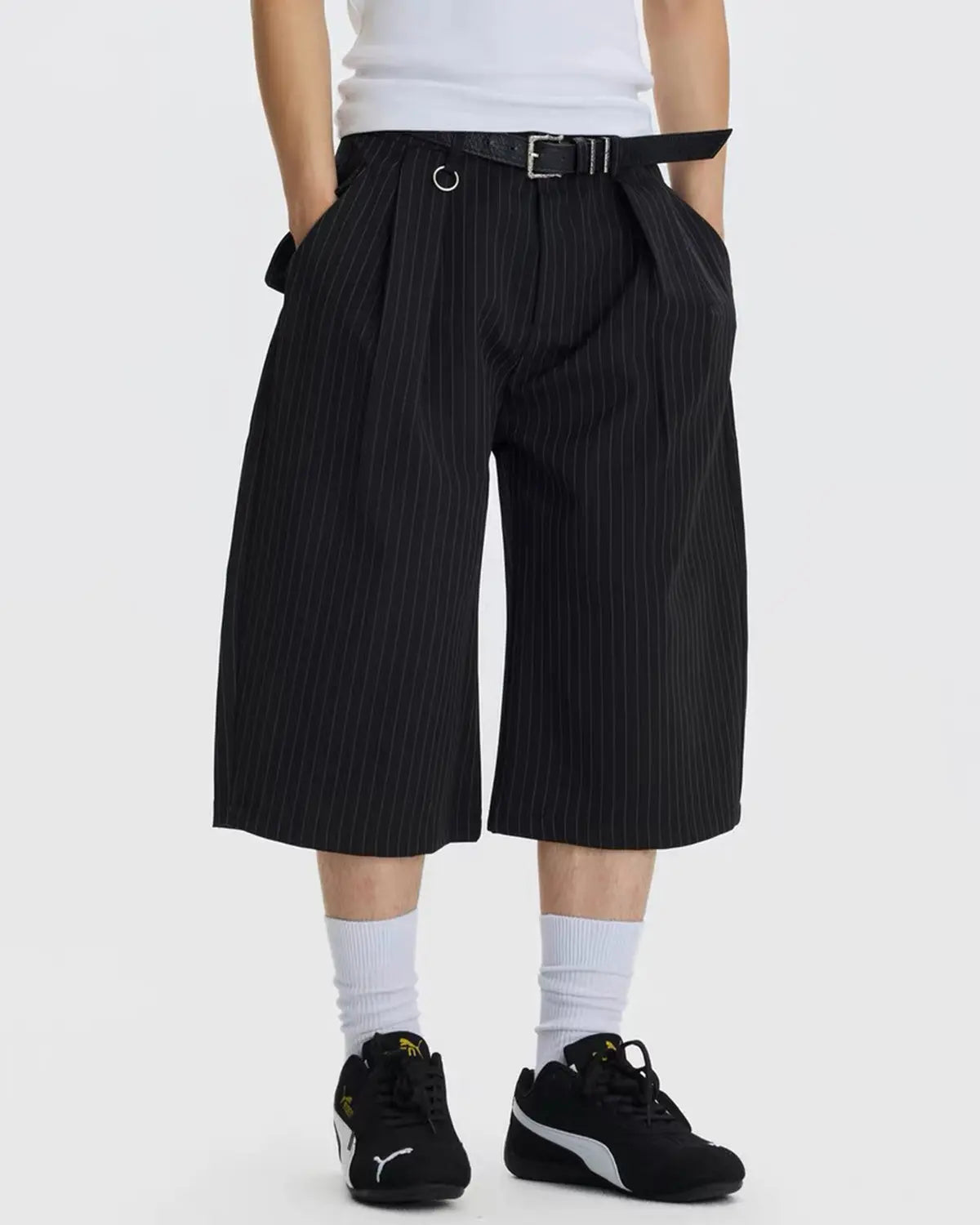 Pinstripe Pleated Ring Detail Tailored Shorts | Inflation Streetwear