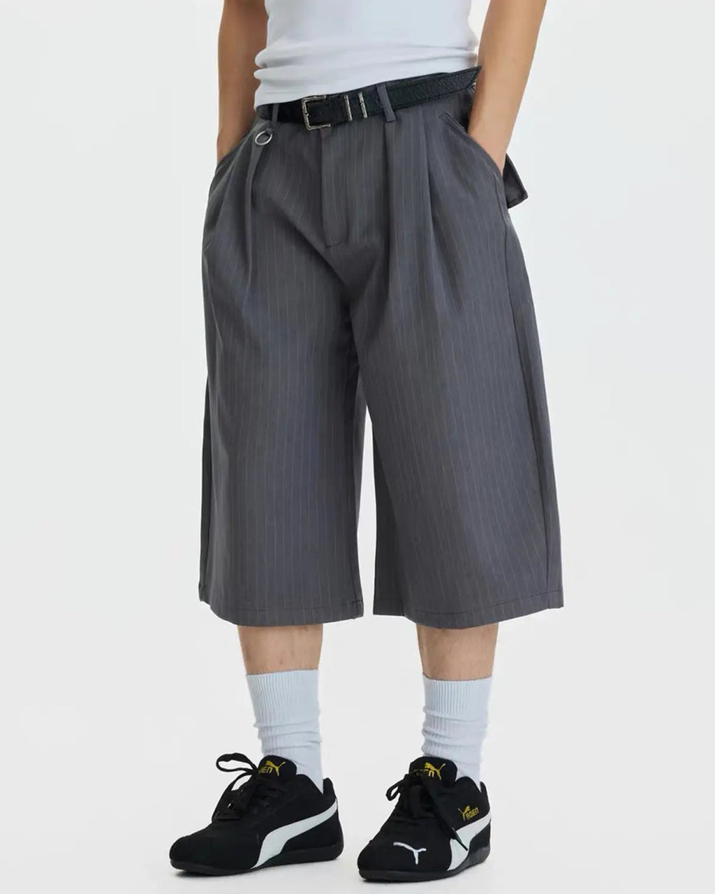 Pinstripe Pleated Ring Detail Tailored Shorts | Inflation Streetwear