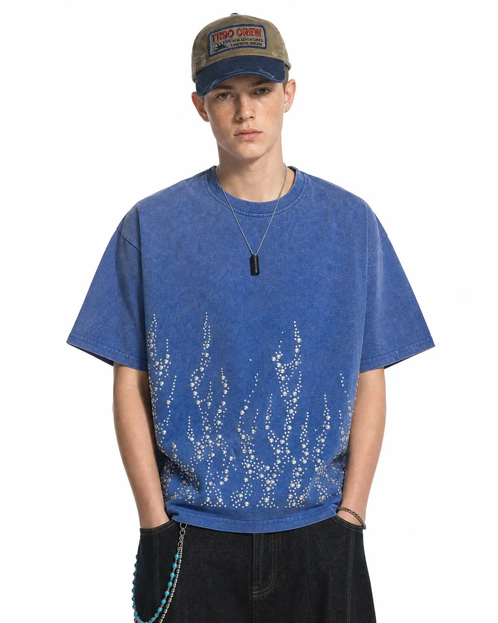 Washed Rhinestone Flame Boxy T-Shirt | Inflation Streetwear