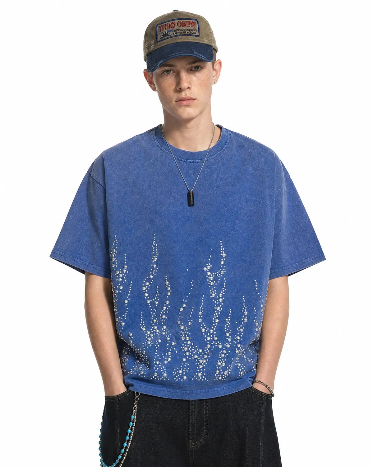 Washed Rhinestone Flame Boxy T-Shirt | Inflation Streetwear