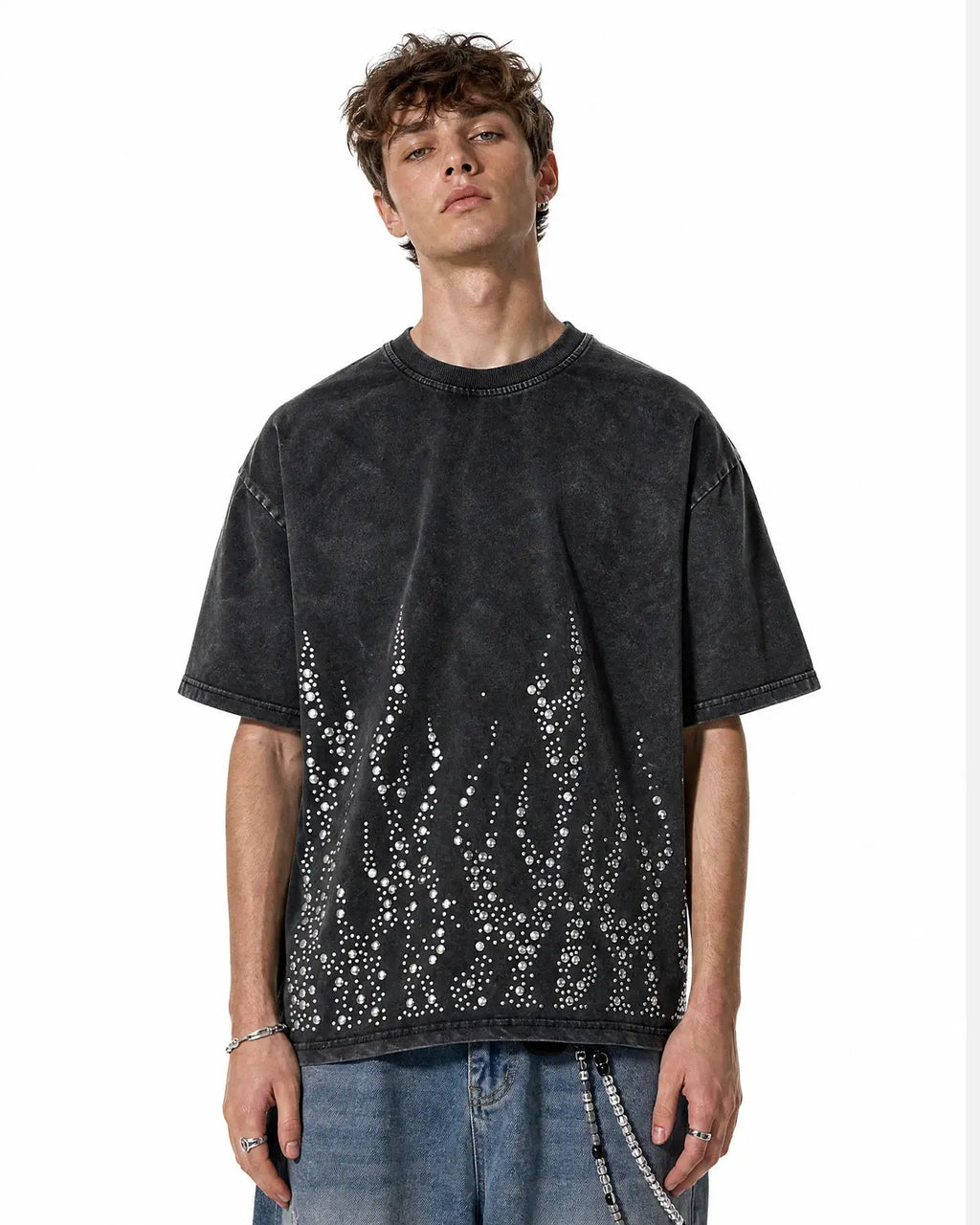 Washed Rhinestone Flame Boxy T-Shirt | Inflation Streetwear