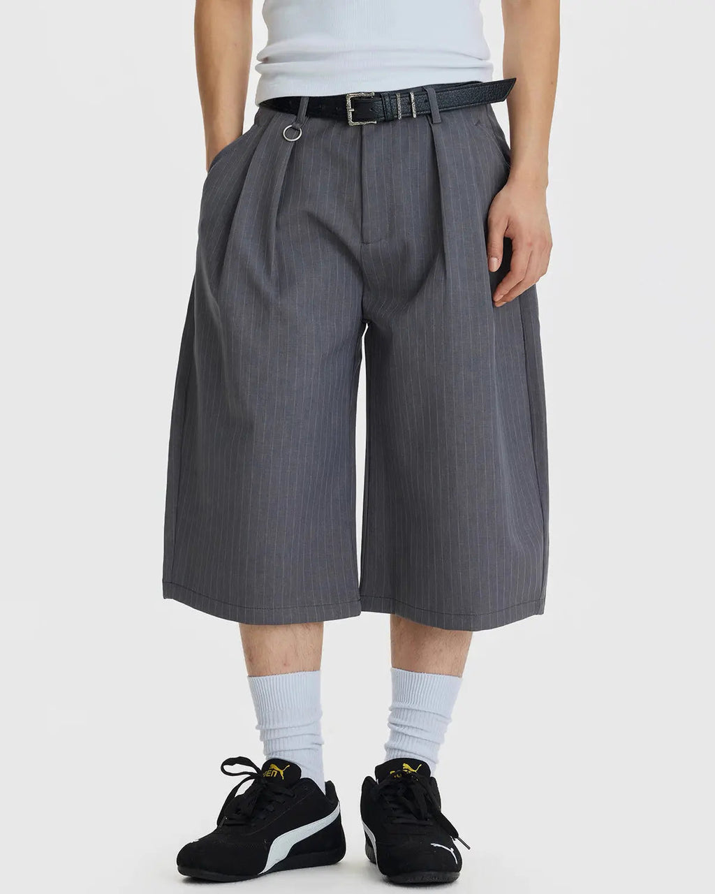 Pinstripe Pleated Ring Detail Tailored Shorts | Inflation Streetwear