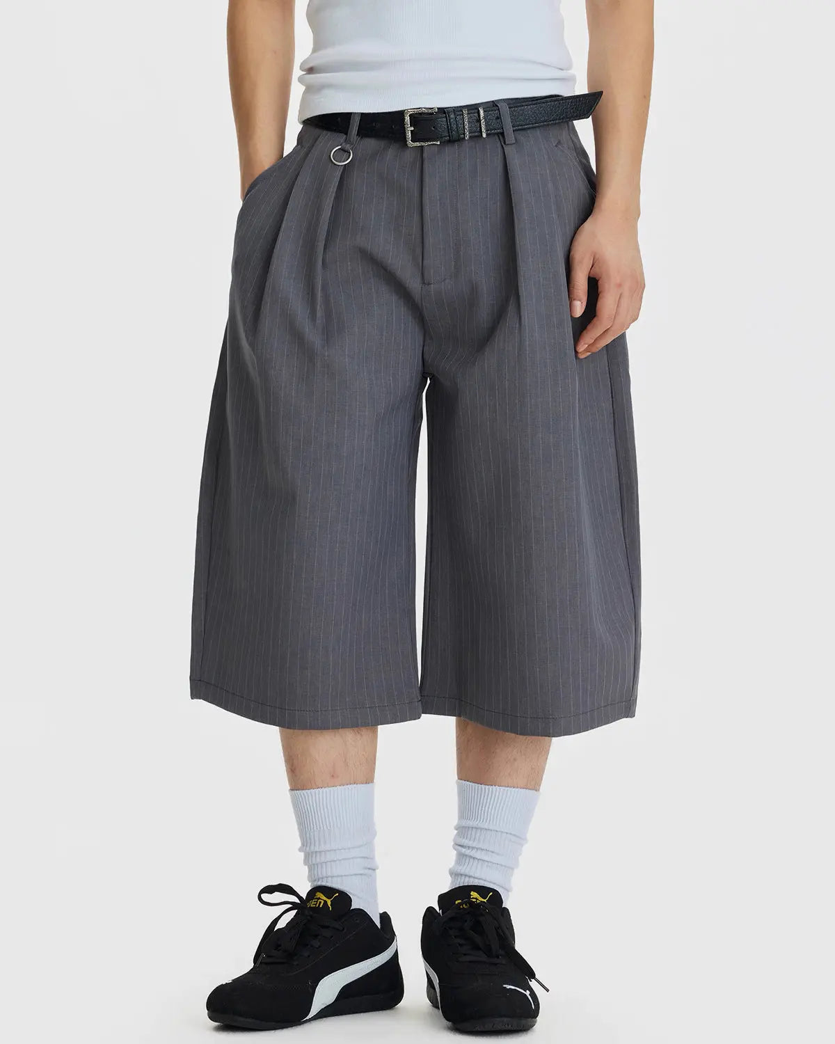 Pinstripe Pleated Ring Detail Tailored Shorts | Inflation Streetwear