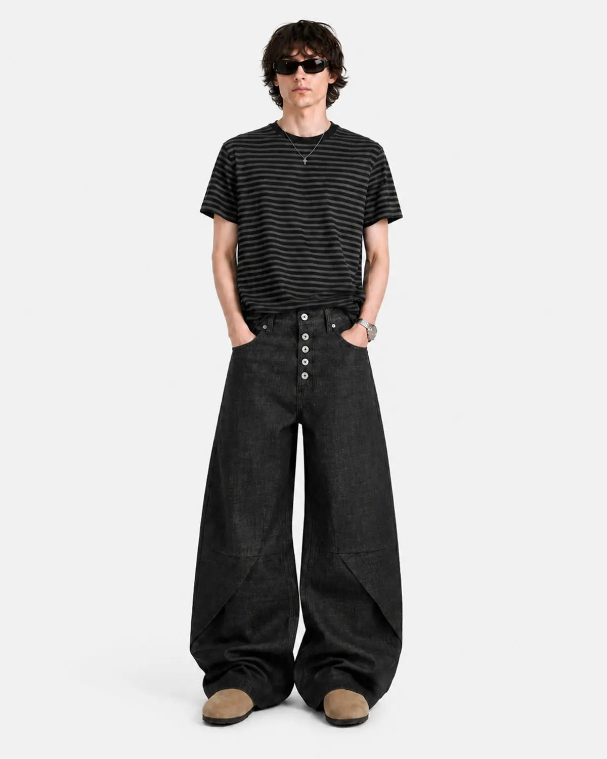 Button Detail Deconstructed Raw Baggy Jeans | Inflation Streetwear