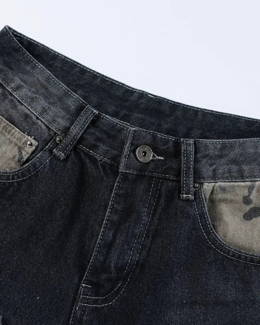 Camo Patchwork Washed Denim Jorts | Inflation Streetwear