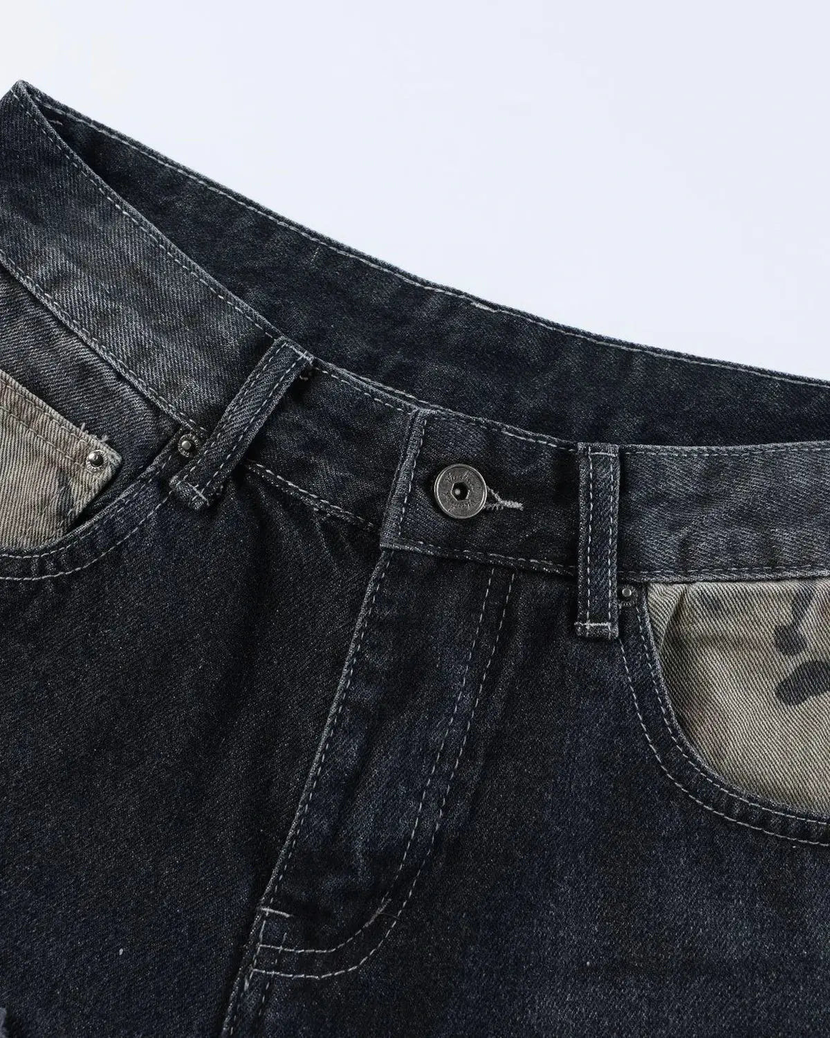 Camo Patchwork Washed Denim Jorts | Inflation Streetwear