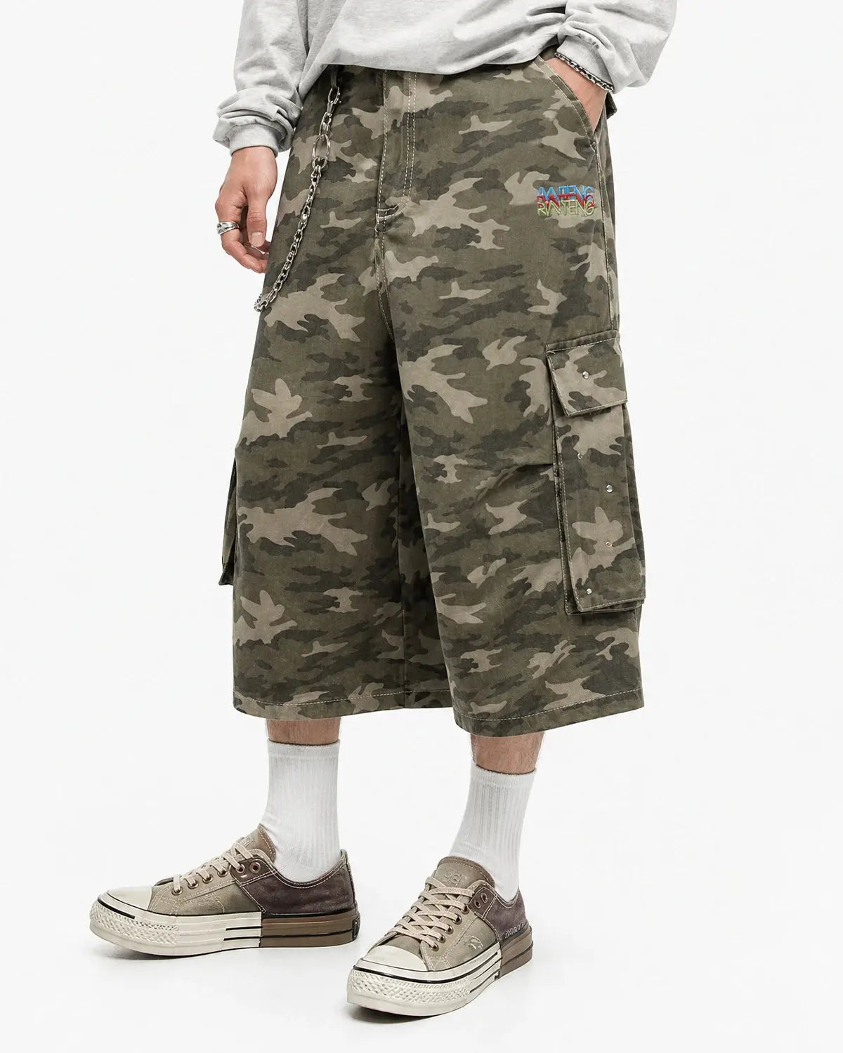 Embroidered Camo Cargo Longline Shorts | Inflation Streetwear