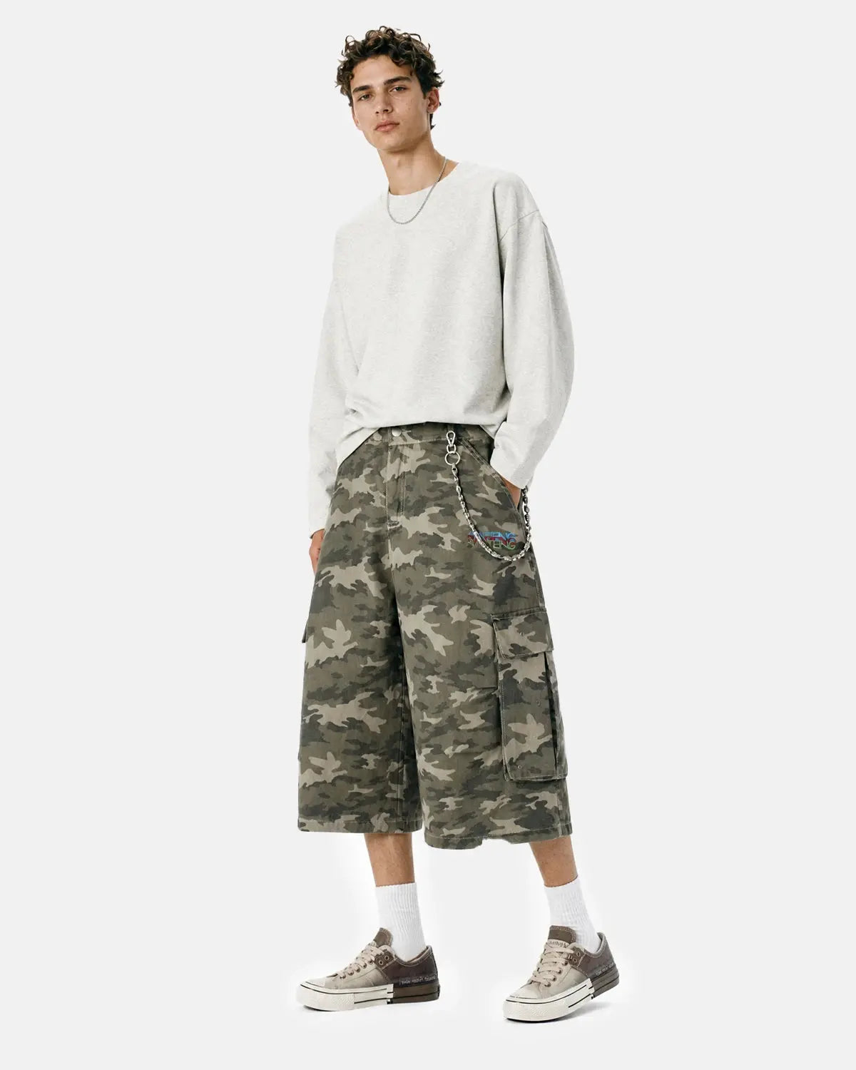 Embroidered Camo Cargo Longline Shorts | Inflation Streetwear