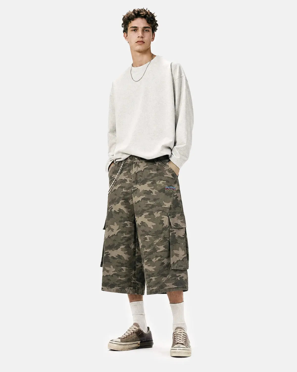 Embroidered Camo Cargo Longline Shorts | Inflation Streetwear