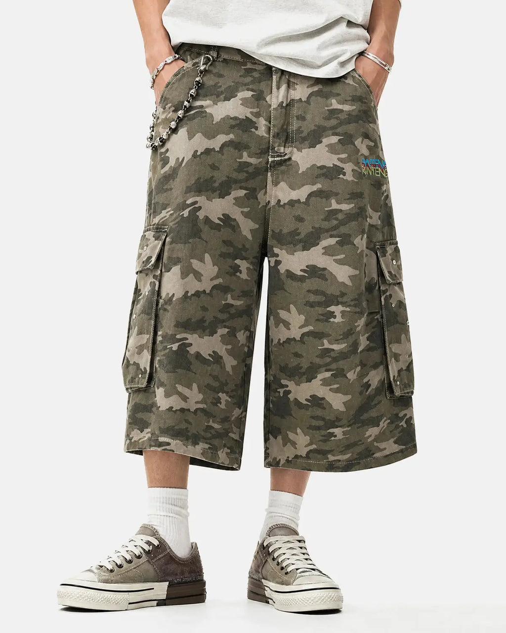 Embroidered Camo Cargo Longline Shorts | Inflation Streetwear