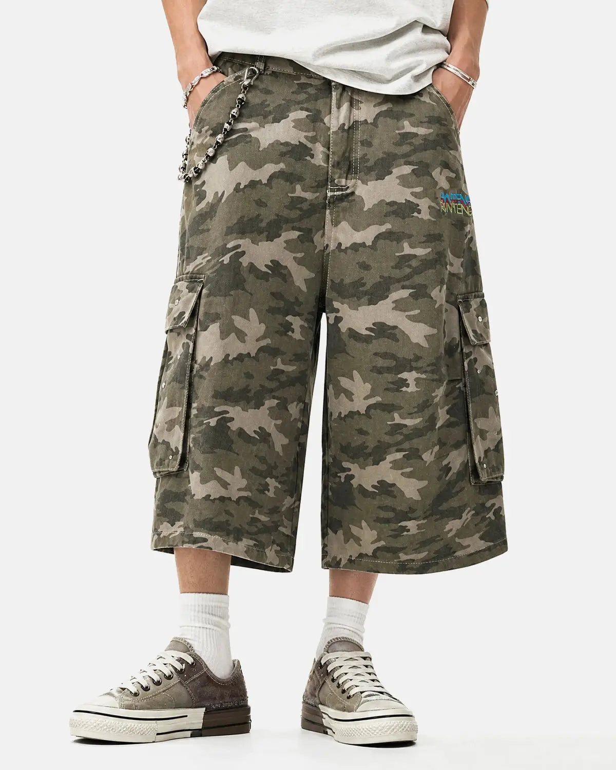 Embroidered Camo Cargo Longline Shorts | Inflation Streetwear