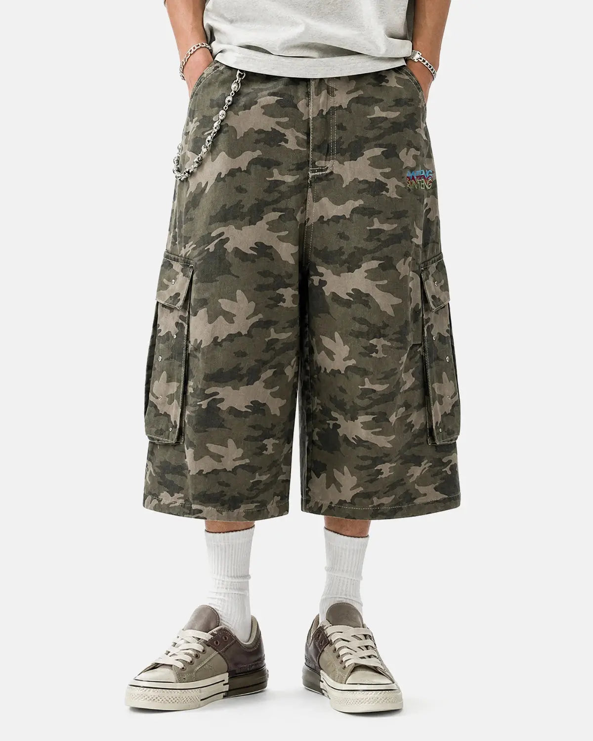 Embroidered Camo Cargo Longline Shorts | Inflation Streetwear