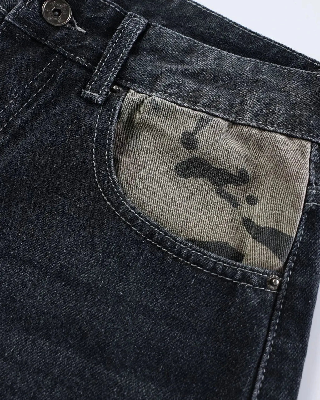 Camo Patchwork Washed Denim Jorts | Inflation Streetwear